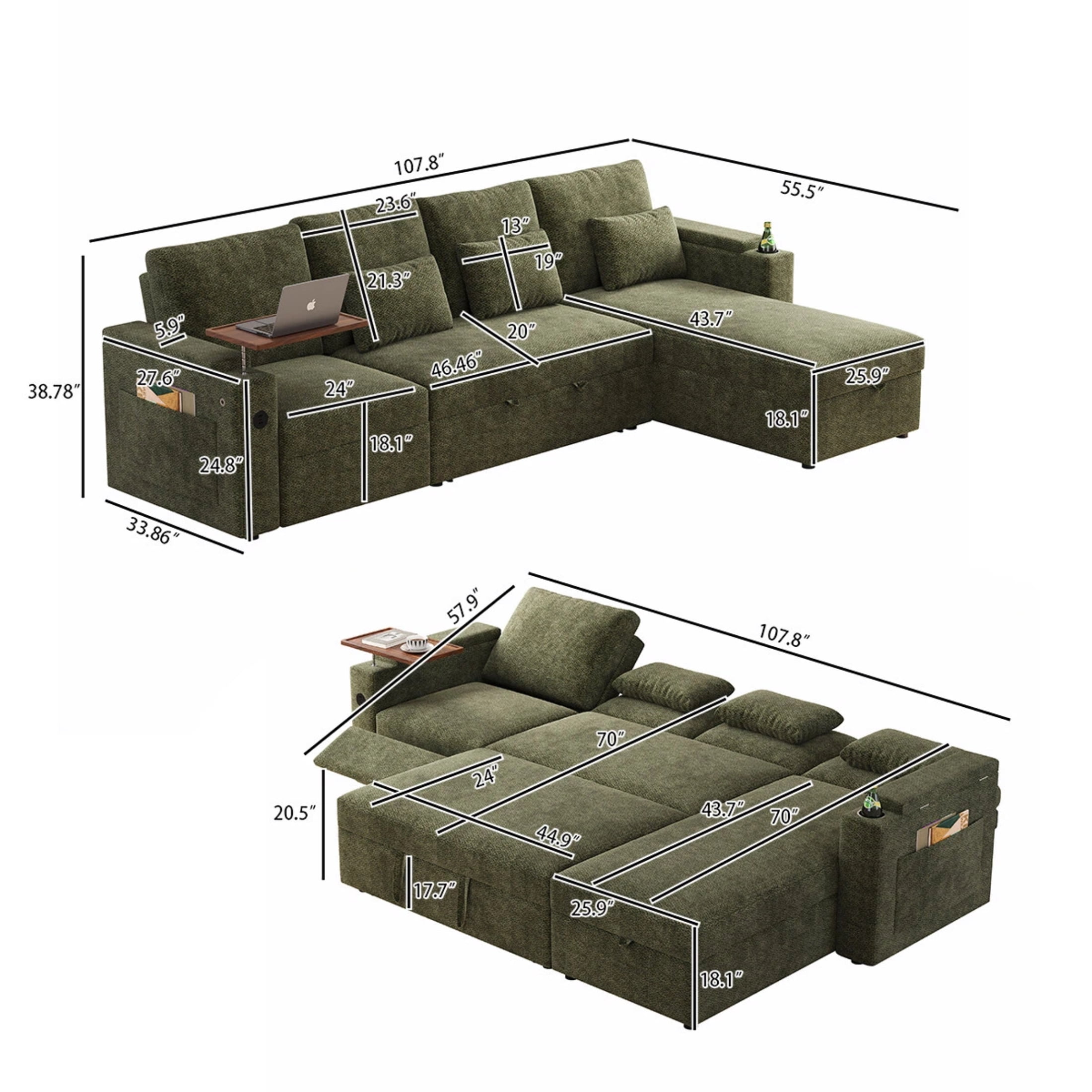 AISWORD 108" 3-in-1 Convertible Pull Out Sofa Bed, 6 Position Adjustable Sleeper Couch with USB Ports, Laptop Table, Cup Holders & Side Storage Pockets, Green
