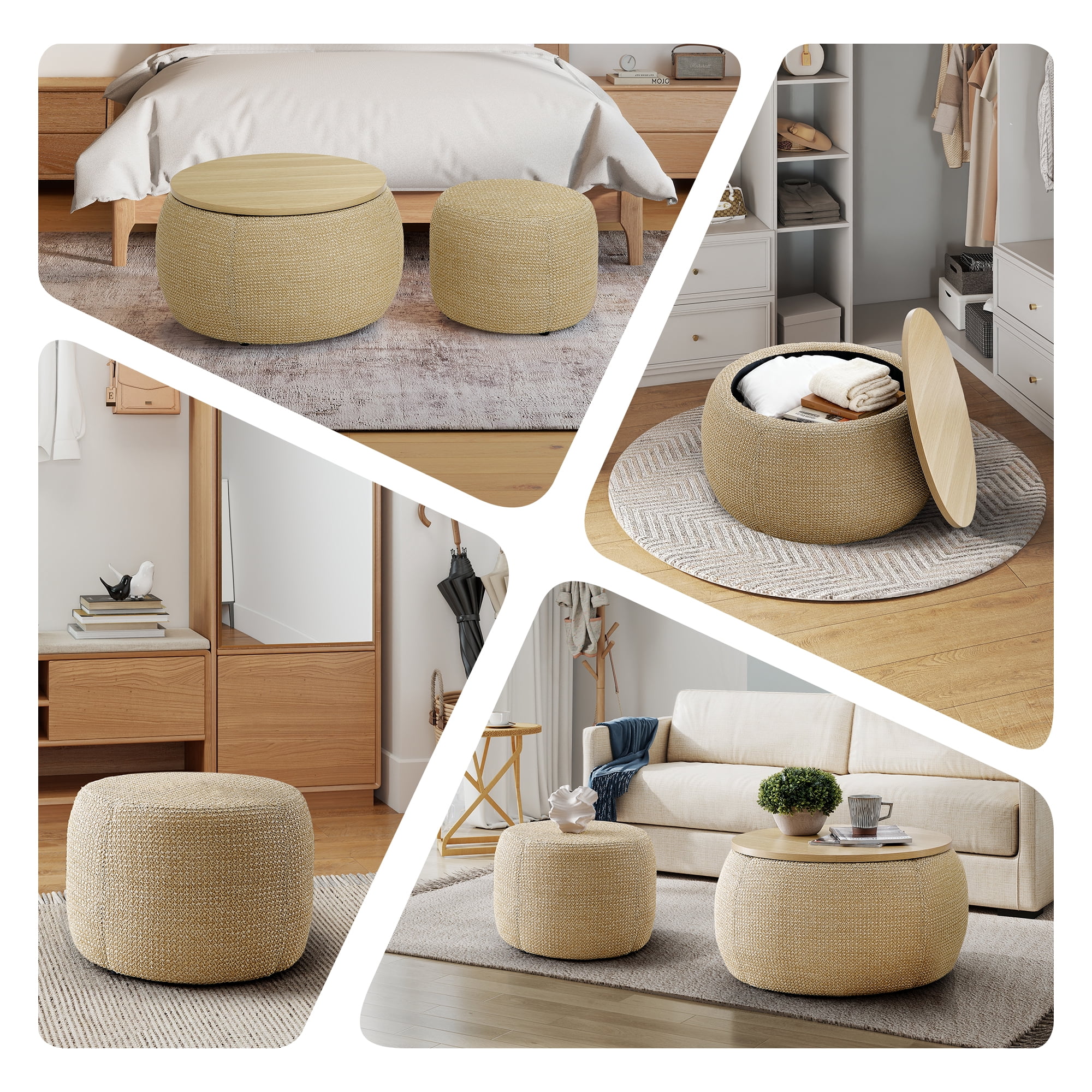 Aukfa 2pc Round Storage Ottoman, Woven Rattan Pouf Foot Rest Stools, Coffee End Table for Living Room, Bedroom, Dorm, Beige