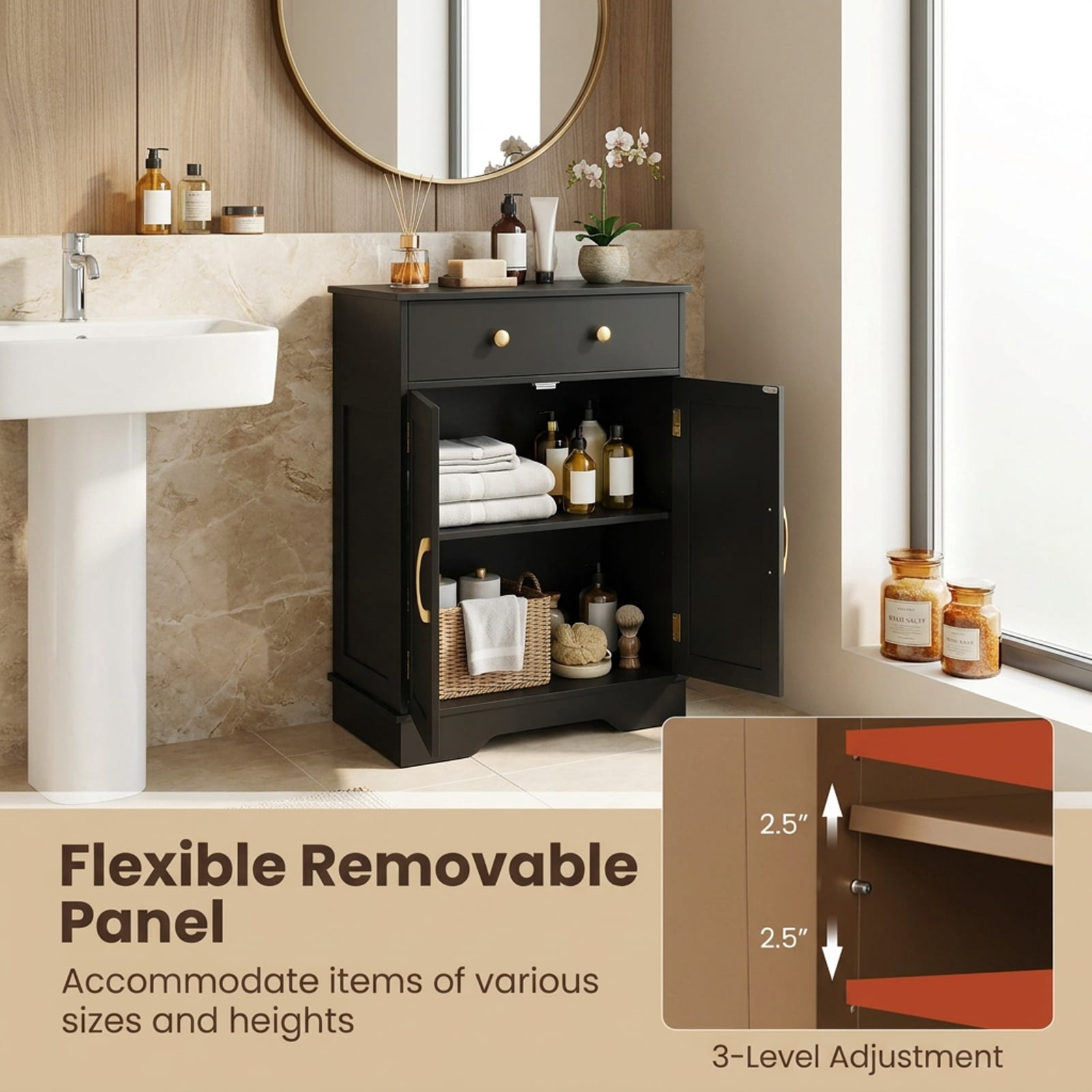 Vebreda Freestanding Floor Storage Cabinet with 2 Doors, Drawer & Adjustable Shelf, Modern Buffet Sideboard Organizer with Gold Knobs for Bathroom Living Room Dining Room, Black