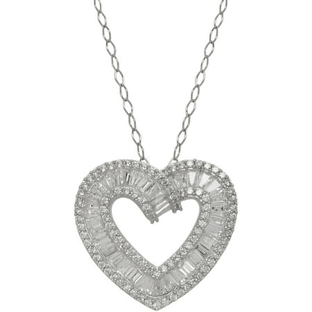 Sterling Silver Open Heart Slide with Round and Baguette Cubic Zirconia Pendant, 18