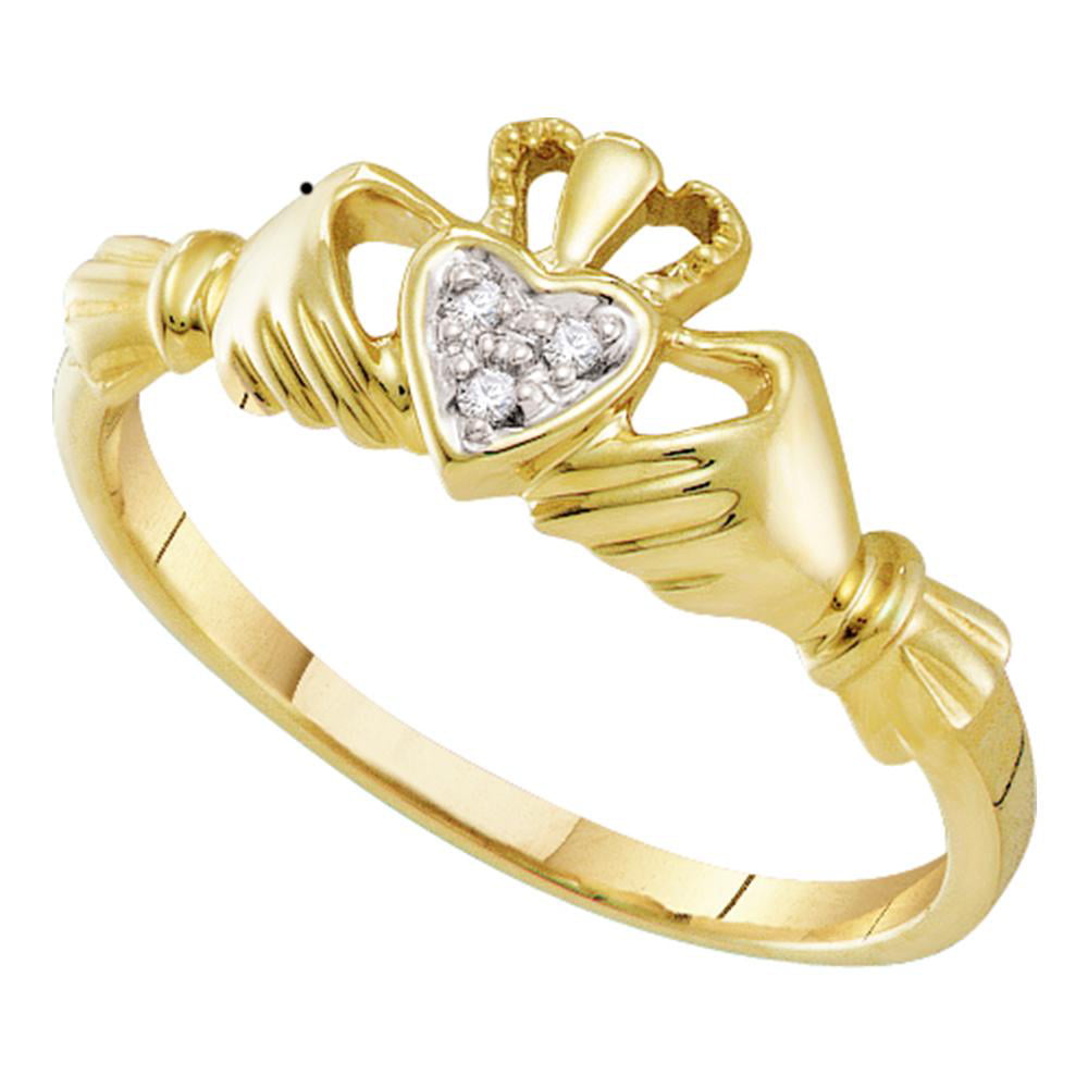 10KT Yellow Gold Round Diamond Claddagh Heart Ring .01 Cttw 