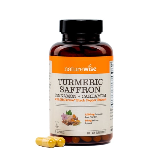 NatureWise Turmeric Saffron Supplement with Cinnamon & Cardamom   Bioperine for Ultra Absorption - Antioxidant   Mood Support - Non-GMO, Vegan, USA Manufactured - 60 Capsules[30-Day Supply]