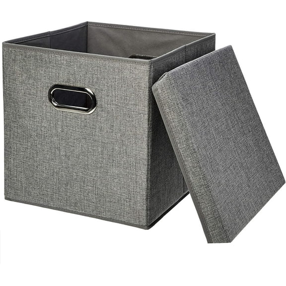 q Foldable Burlap Cloth Cube Storage Bin with Lid, Stackable and Sturdy, Gray, Set of 2