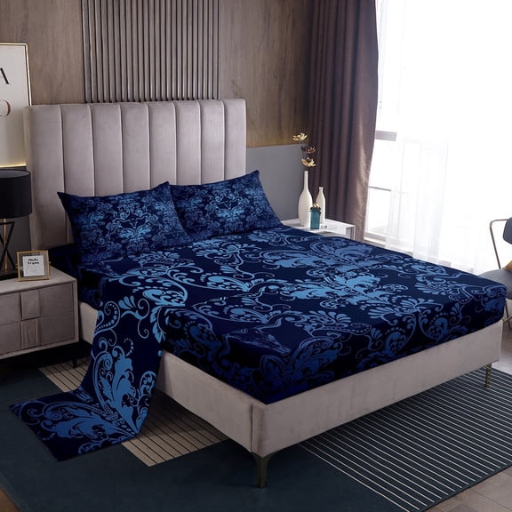 Adults Damask Gothic Sheet Set Antique Victorian Bed Sheets Set Twin,Vintage Floral Goth Sheets Longhorn Skull Flat Fitted Sheet,Bull Bone Bohemian Baroque Decor,Blue