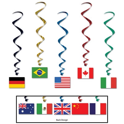 Party Central Club Pack of 30 Multi-Color 10-Country International Flag Spiral Whirls 38"