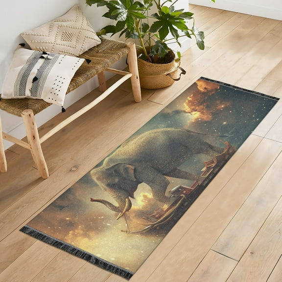 Elephant Starry Sky Ship Runner Rug Machine Washable Area Rugs Carpet Non Slip Entryway Mat for Bedroom Entryway Front Door