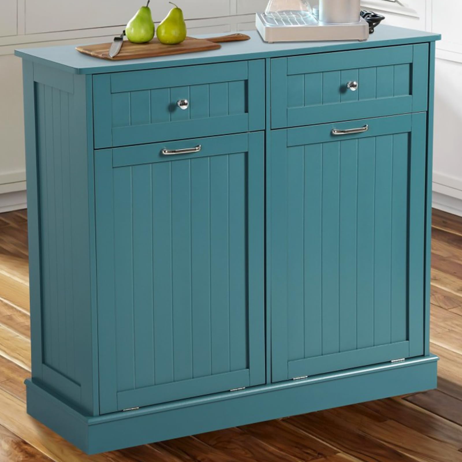 KIGOTY Dual Kitchen Trash Cabinet, Double Tilt Out Trash Can Cabinet with Countertop and Drawer, Free-Standing Pet Proof Recycling Cabinet Garbage Can Holder (Lake Blue)