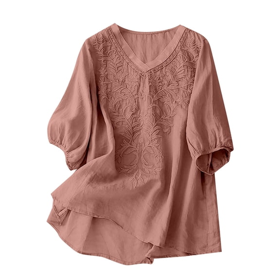 NJGRAE Double Lined Tops for Women Women's T Shirts Women's Solid Color V Neck Literary Five Quarter Sleeve Top Women’S Scoop Neck Blouses Xxxxl