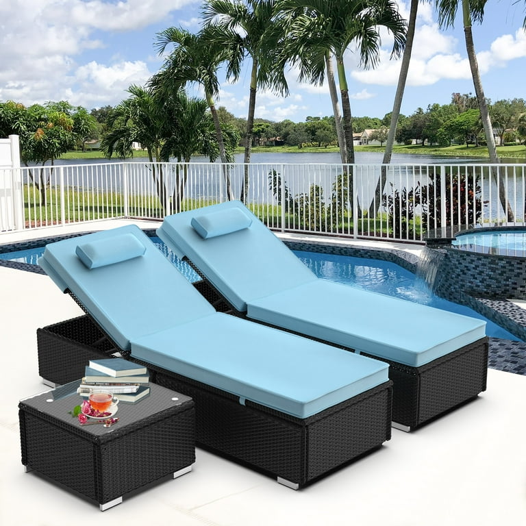 3 Pieces Wicker Chaise Lounge Set for Outside Adjustable Lounge