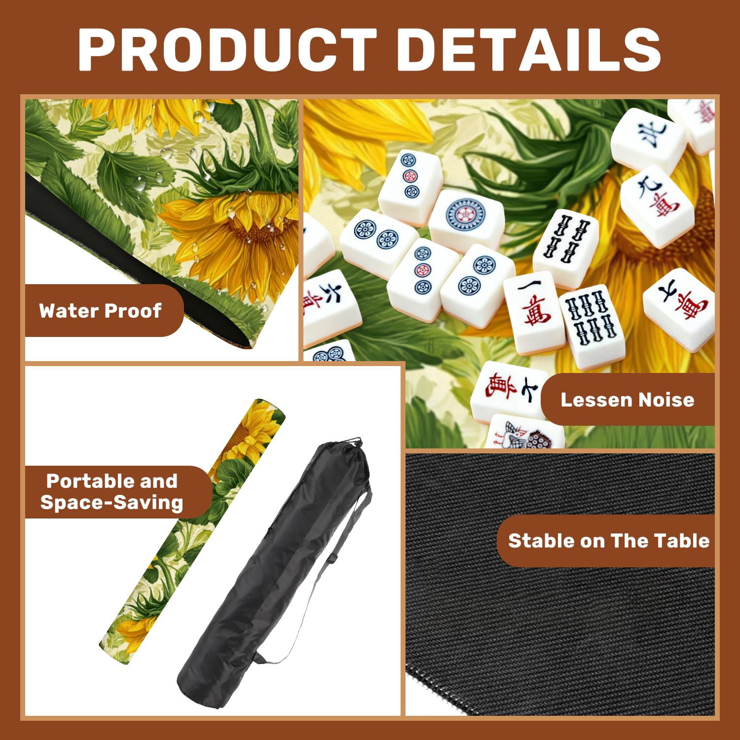 Mahjong Mat 31.5" x 31.5" Sunflowers summer seamless Non-Slip Noise Reduction American Mahjong Tiles Table Cover for Dominoes Poker Card Board Games Gift