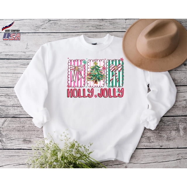 Holly Jolly , Retro Candy Cane Tree Crewneck, Cute For Women, Festive Pink Sweater Sweatshirt All Size S-3Xl