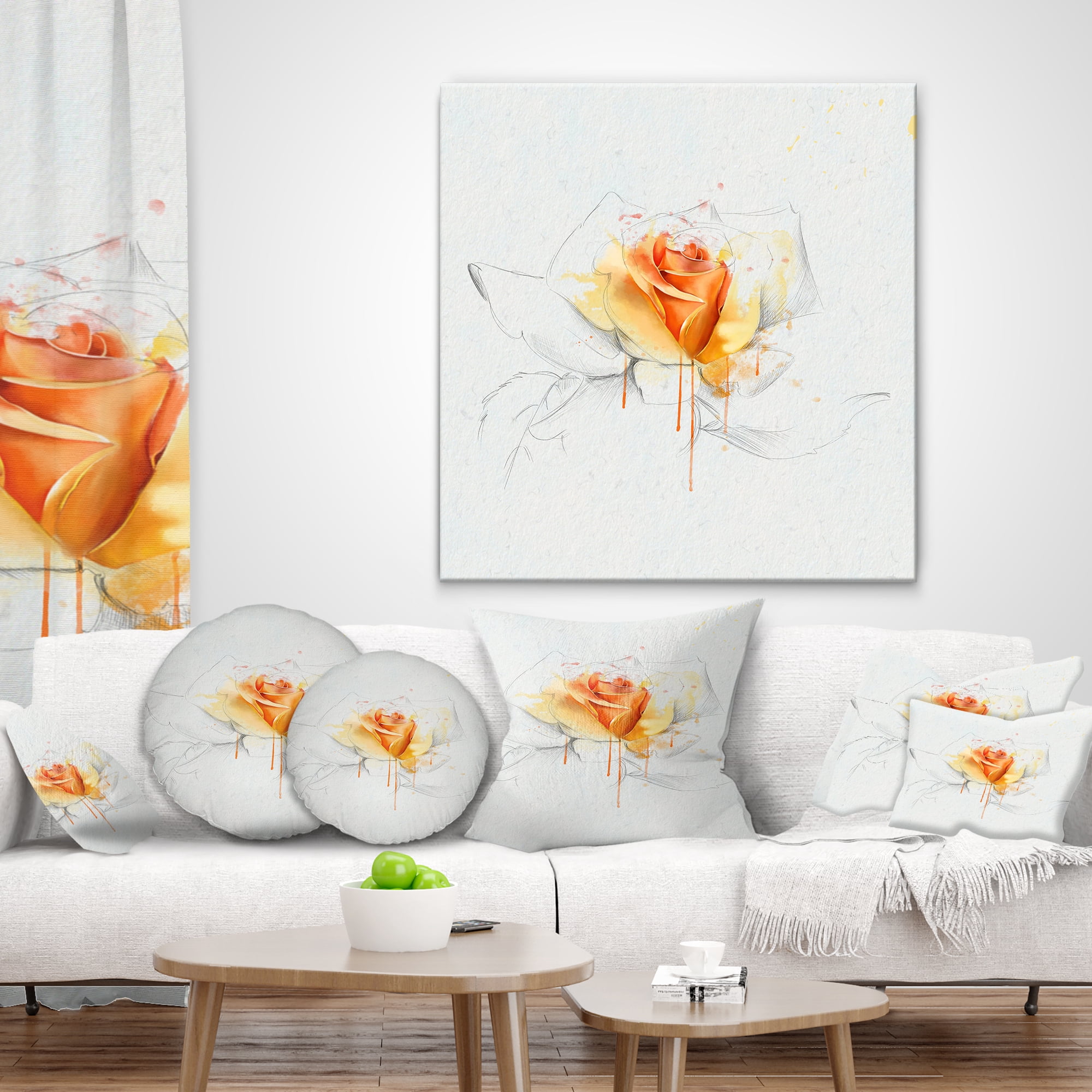 Designart Yellow Rose Sketch on White Back - Flower Throw Pillow - 12x20