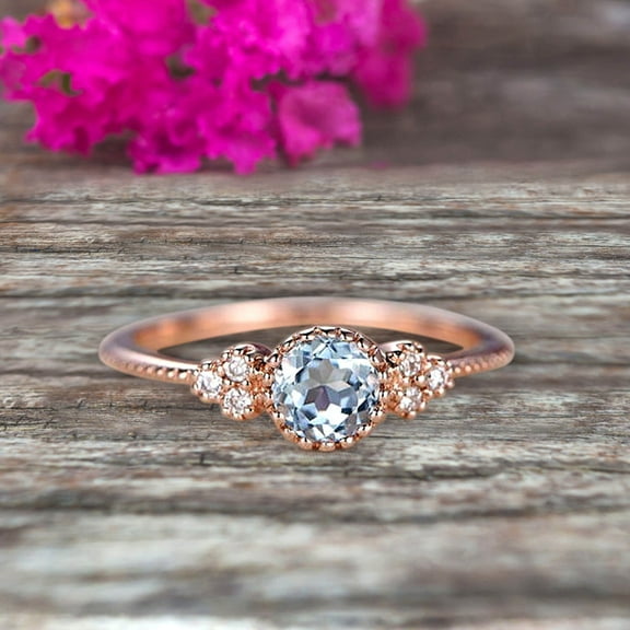 10k Rose Gold 1.50 Carat Round Cut Natural Aquamarine Engagement Ring Anniversary Gift Art Deco
