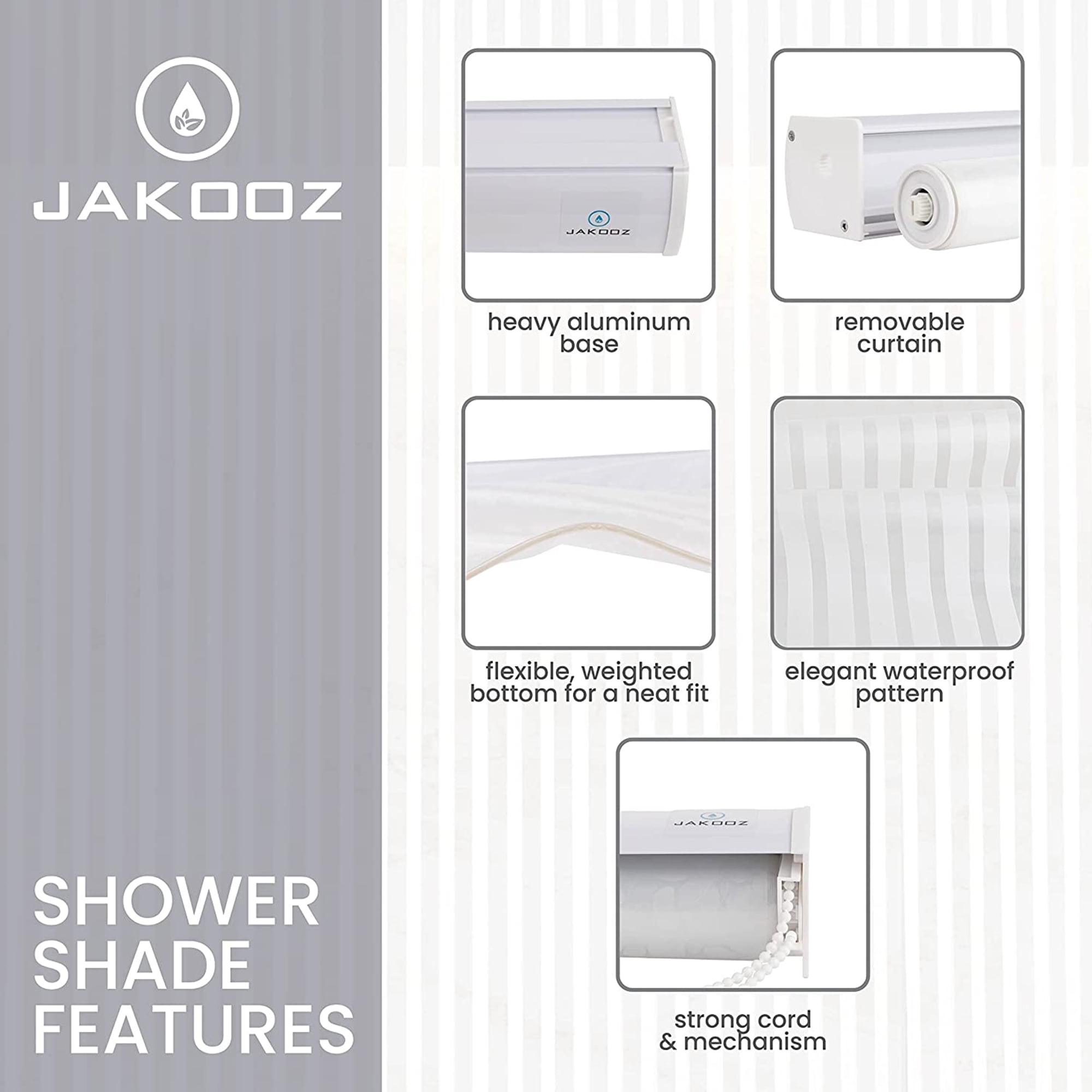 Jakooz Waterproof Rollup Bathroom Curtain Heavy Duty Shower Curtain for Bathtubs, White Stripe
