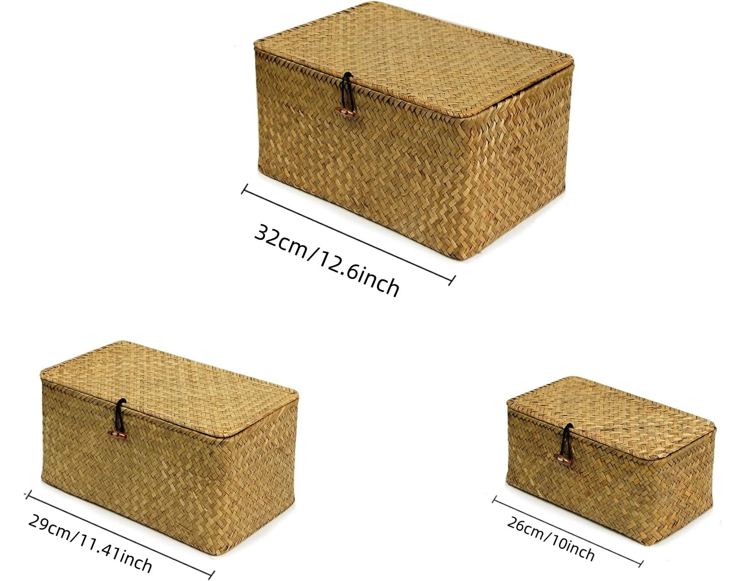 PandaTop Wicker Storage Baskets with Lids, Set of 3 Rattan Storage Baskets for Organizing, Woven Large Rectangular Basket Boxes, Basket with Lid , Decorative Chest Organizer,Natural Desktop Basket