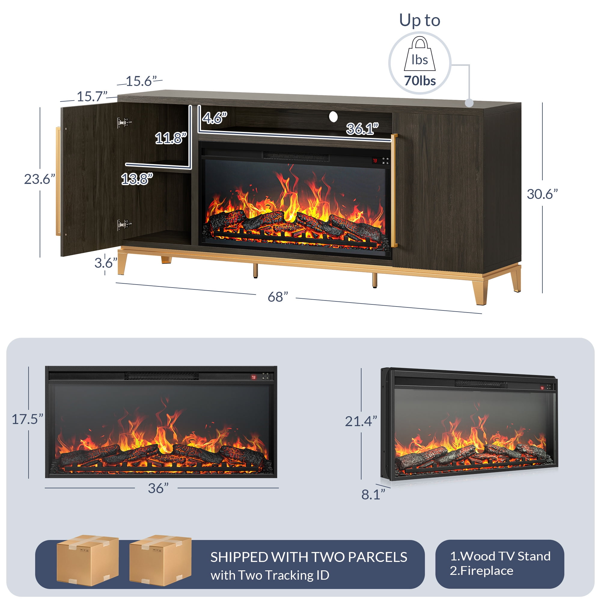 BELLEZE Fireplace TV Stand with 36" Electric Fireplace, Entertainment Center for TVs Up to 75", TV Console with Storage Cabinet and Open Shelf for Living Room, Bedroom - London (Dark Walnut)