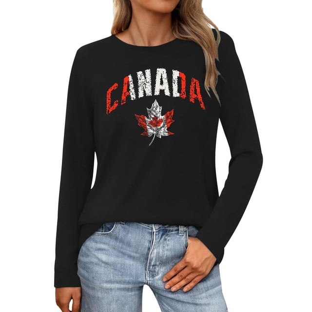 MHFRRA Camiseta de Manga Larga para Mujer con La Bandera del Día de Canadá y La Hoja de Arce Canadiense. Negro