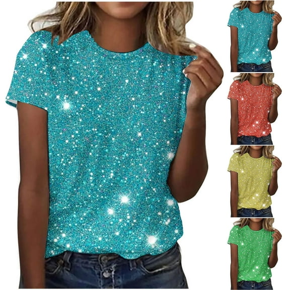 Brondbend Shirts for Women Woman Top Crewneck Short Sleeve Bright Print Blouse Casual Loose Fit Lady Tops Anniversary Spring Summer Clothes Green