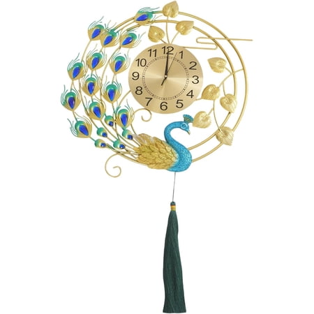 Large Peacock Wall Clock Silent Movement Battery Powered Modern Metal Wall Clock for Living Room Bedroom Office Home Decoration 22.83 * 39.37in