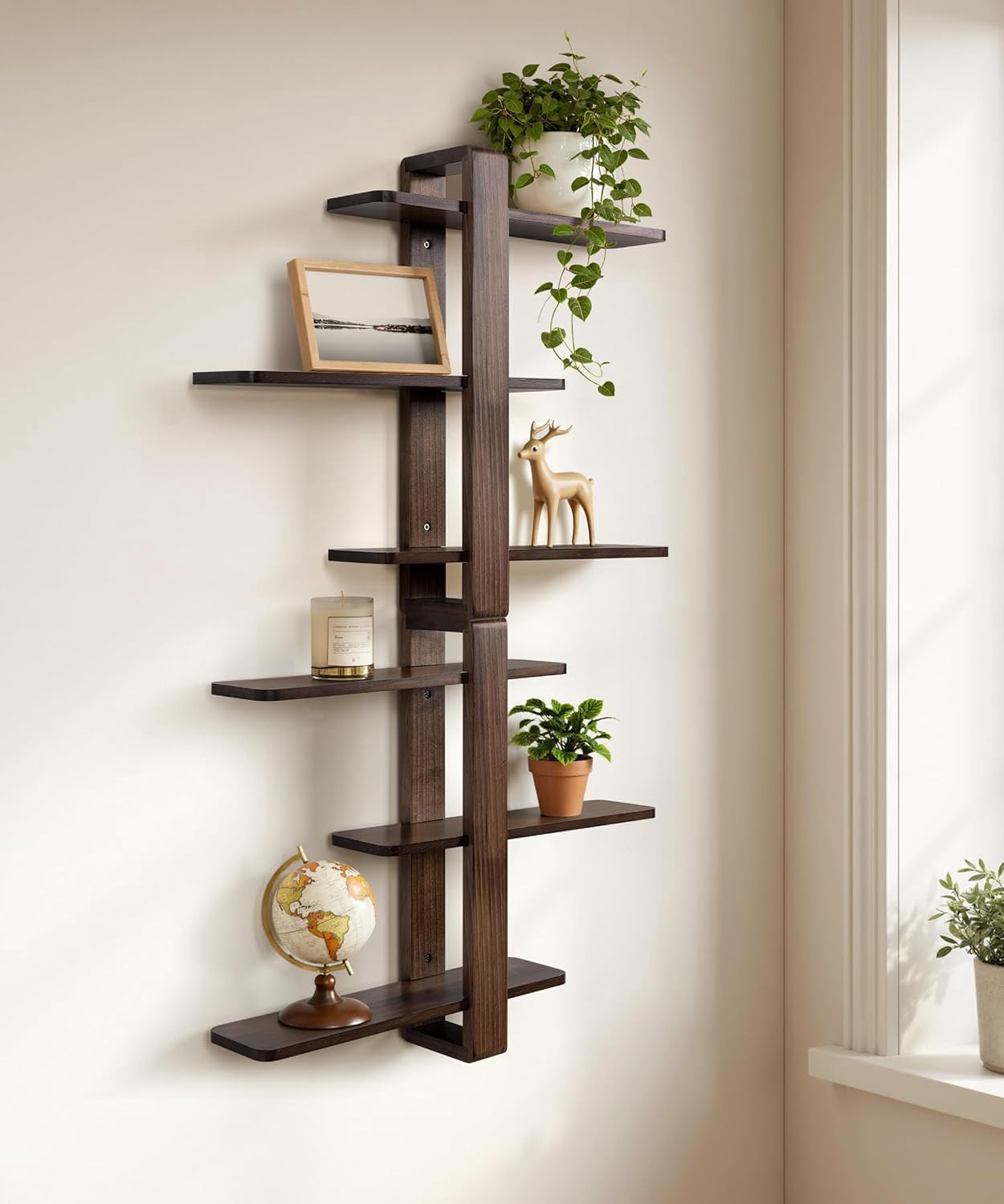 Gronda Walnut Floating Shelves for Living Room Bathroom Bedroom, Mid Century Modern Wood Wall Shelves, 3 Tier Adjustable Plant Wall Shelf, 20 Inch