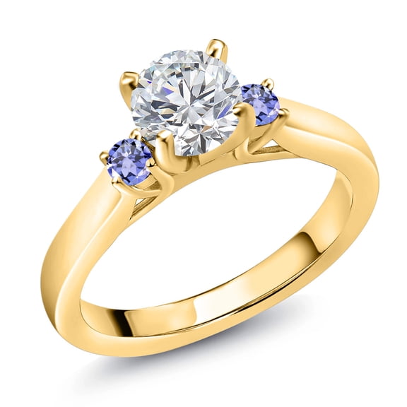 Gem Stone King 18K Yellow Gold Plated Silver Lab Grown Diamond and Blue Tanzanite Engagement Ring for Women | 0.90 Cttw | Round 6MM | Gemstone April Birthstone | Size 5