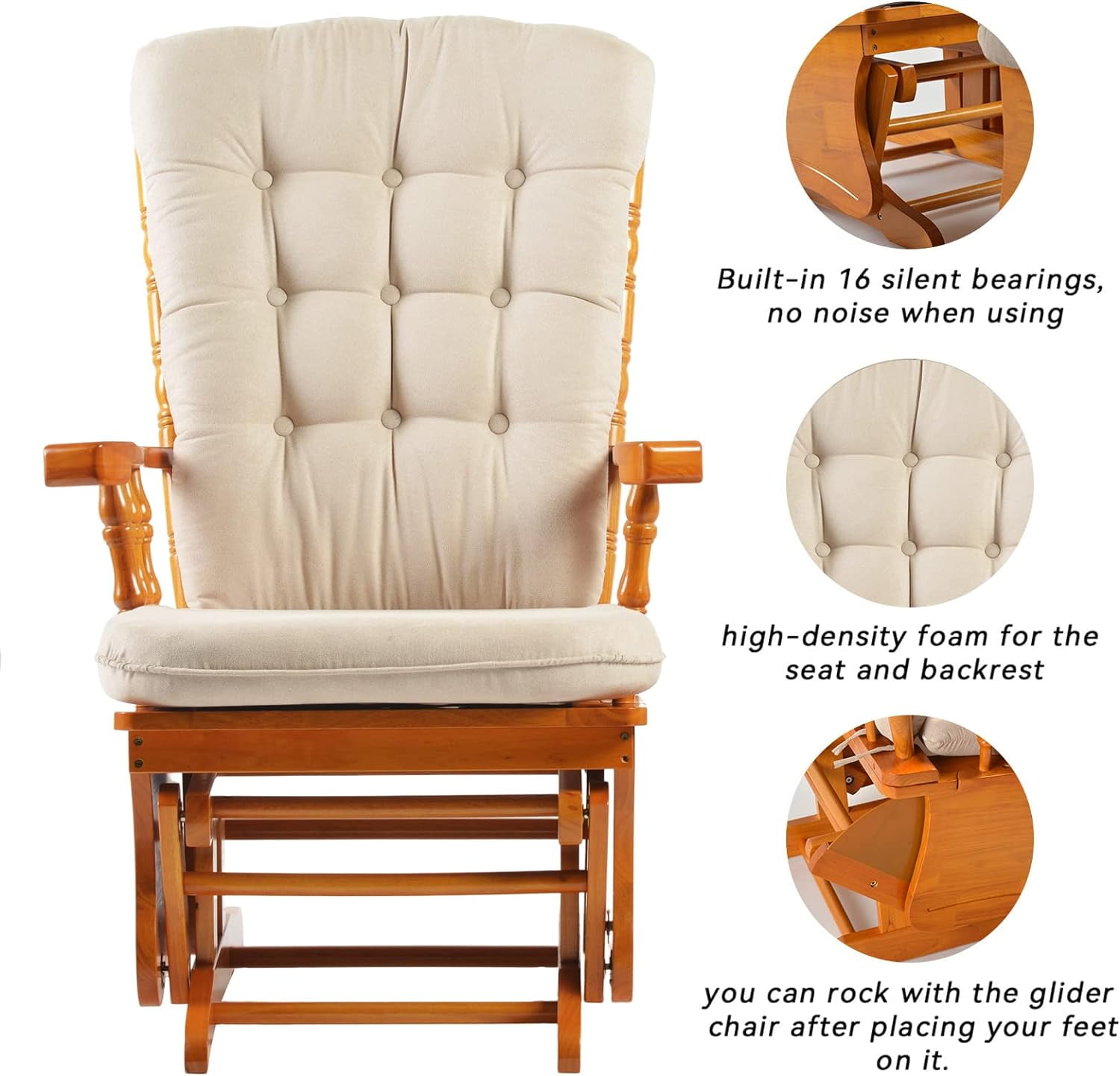 Anti-Pinch Hand Glider Chair for Nursery with Ottoman, Resistant Rubber Wood Glider Rocking Chair Sets for Nursing, Relaxing, Living Room, Bedroom, Rustic Brown