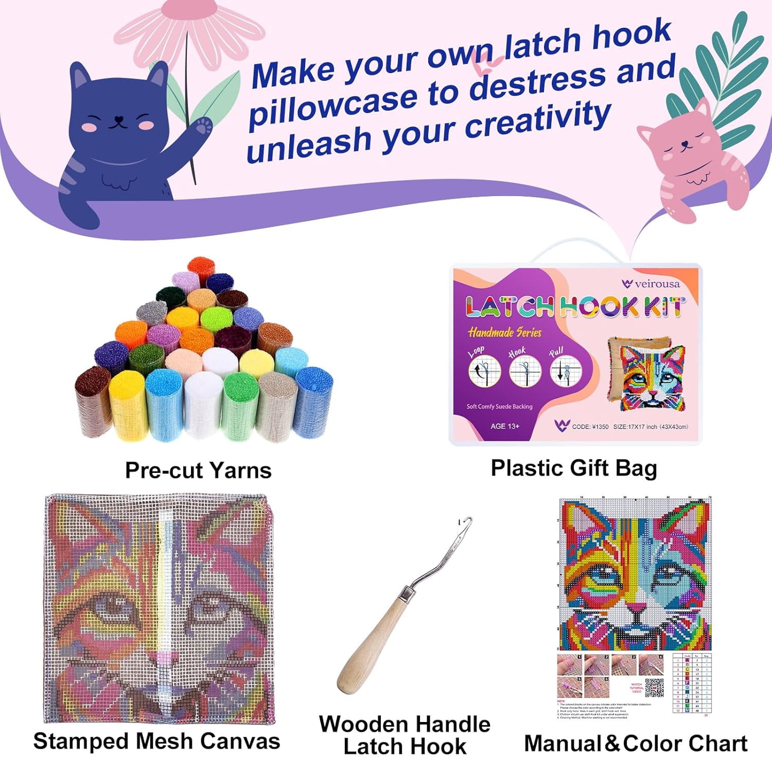 Latch Hook Kit for Adults, DIY Colorful Cat Pillow & Rug Craft Kit for Beginners, Animal Handmade Yarn Art, Relaxing Home Sofa Decor Gift