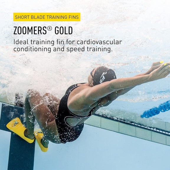 Finis Zoomers Gold Swim Training Fins - Short Blade Design for Speed & Conditioning - Soft Natural Rubber Fit