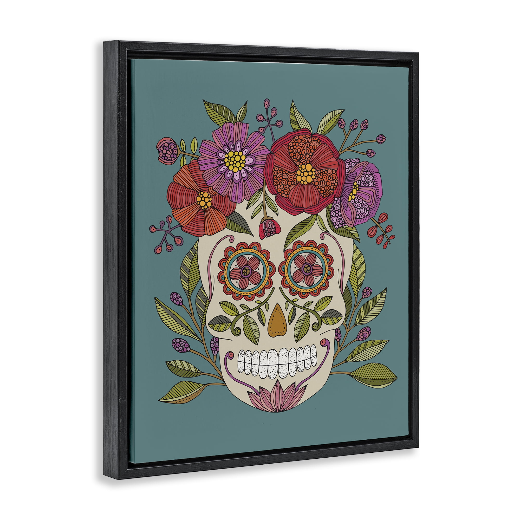 Stupell Industries Floral Sugar Skull Holiday Painting Black Floater Framed Art Print Wall Art, 25 x 31