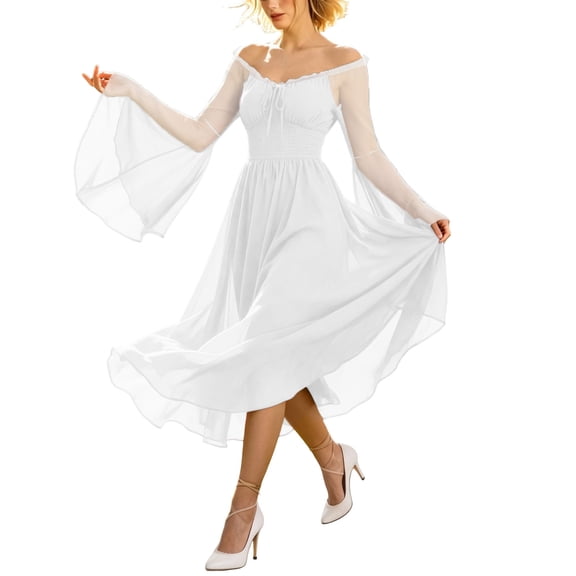 YuXingFu Gothic Dresses for Women Renaissance Dress With Pocket Court Style Long Sleeved Long Dress White XXXL