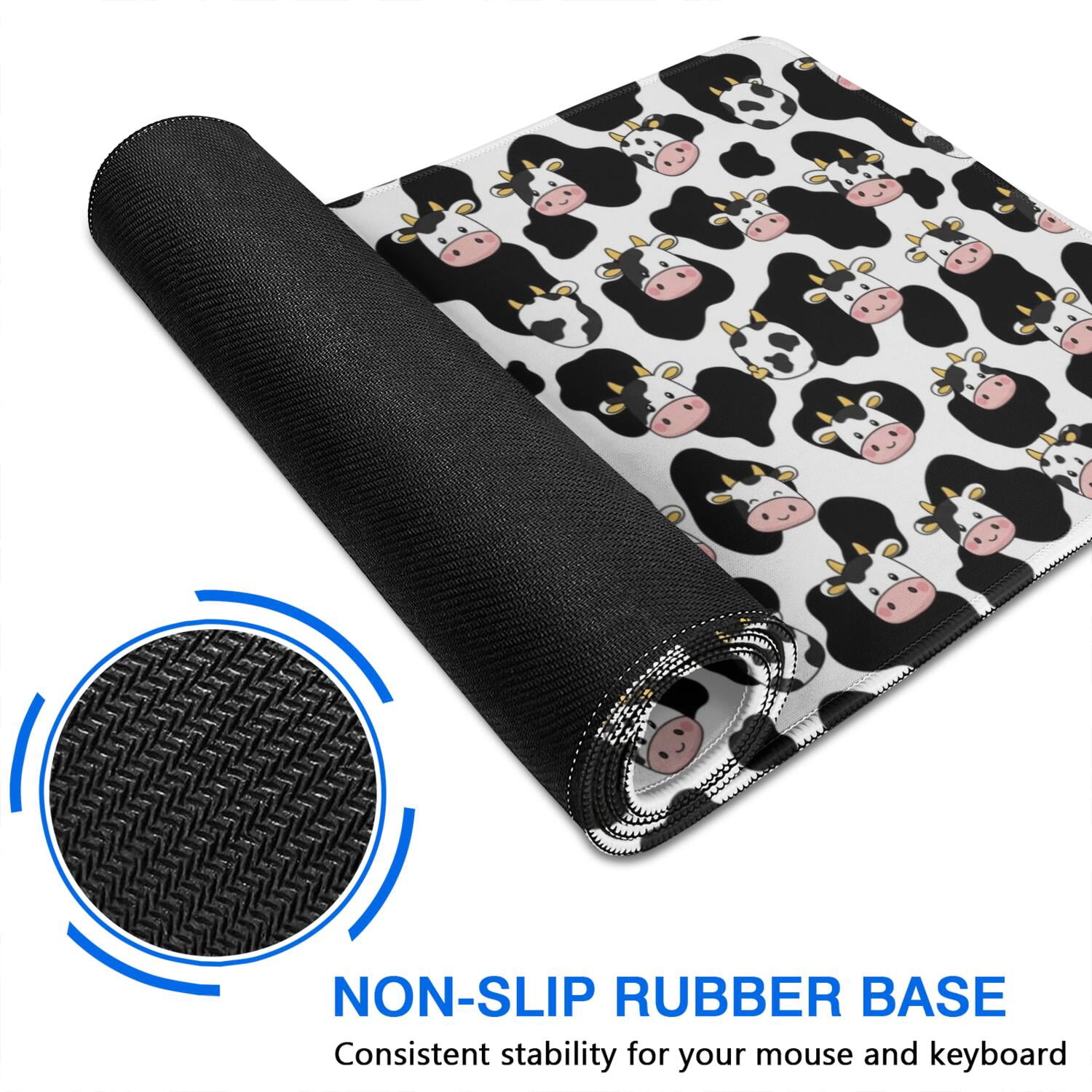 Long Mouse Pads for Desk,White Cow Black Spot Face Pattern Desk Mats on Top Of Desks, Desk Mouse Pad Extra Large with 3mm Non-Slip Base and Stitched Edge for Gaming,Office,Work,Home 35.4"x15.7"