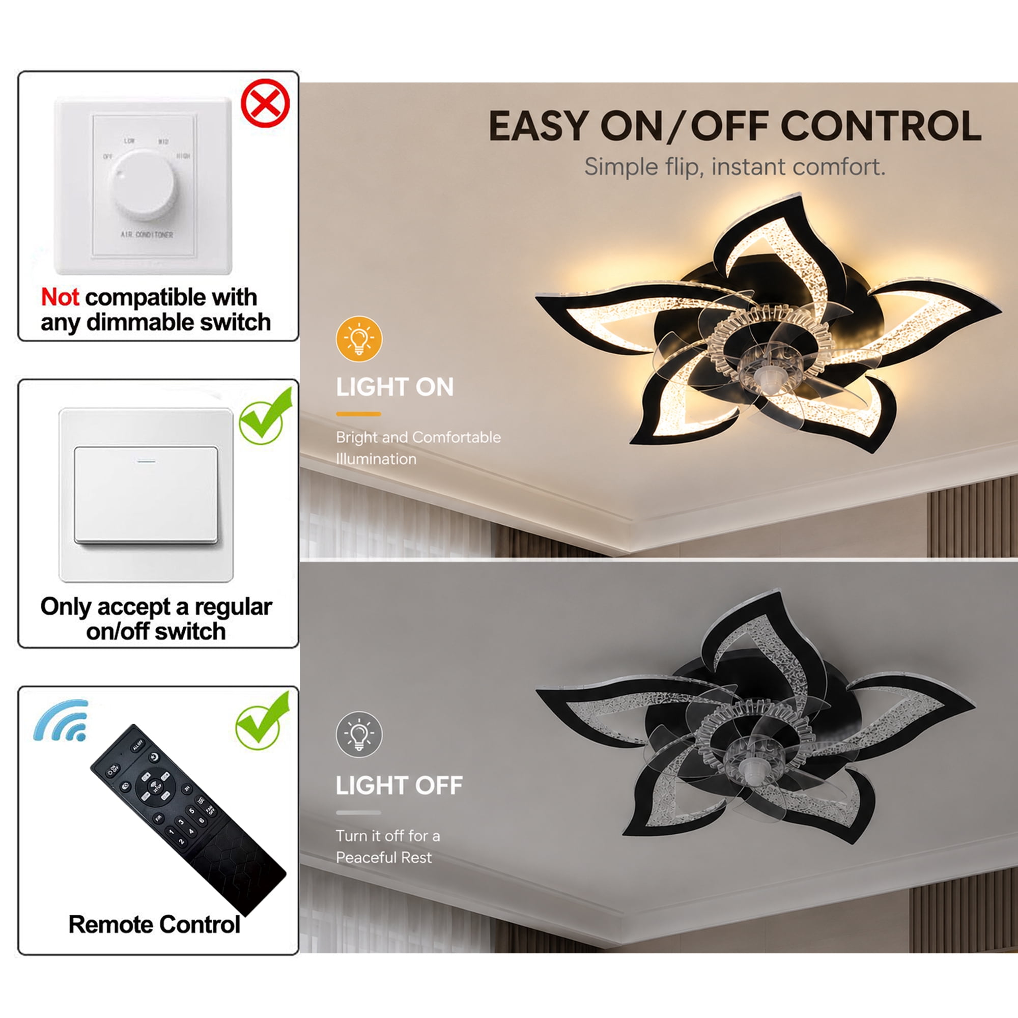 Garwarm 24.6" Black Flower Ceiling Fan with Light, Low Profile Flush Mount Fandelier, Dimmable LED Ceiling Light with Remote, 6-Speed Reversible Fan for Bedroom, Kitchen, Living Room