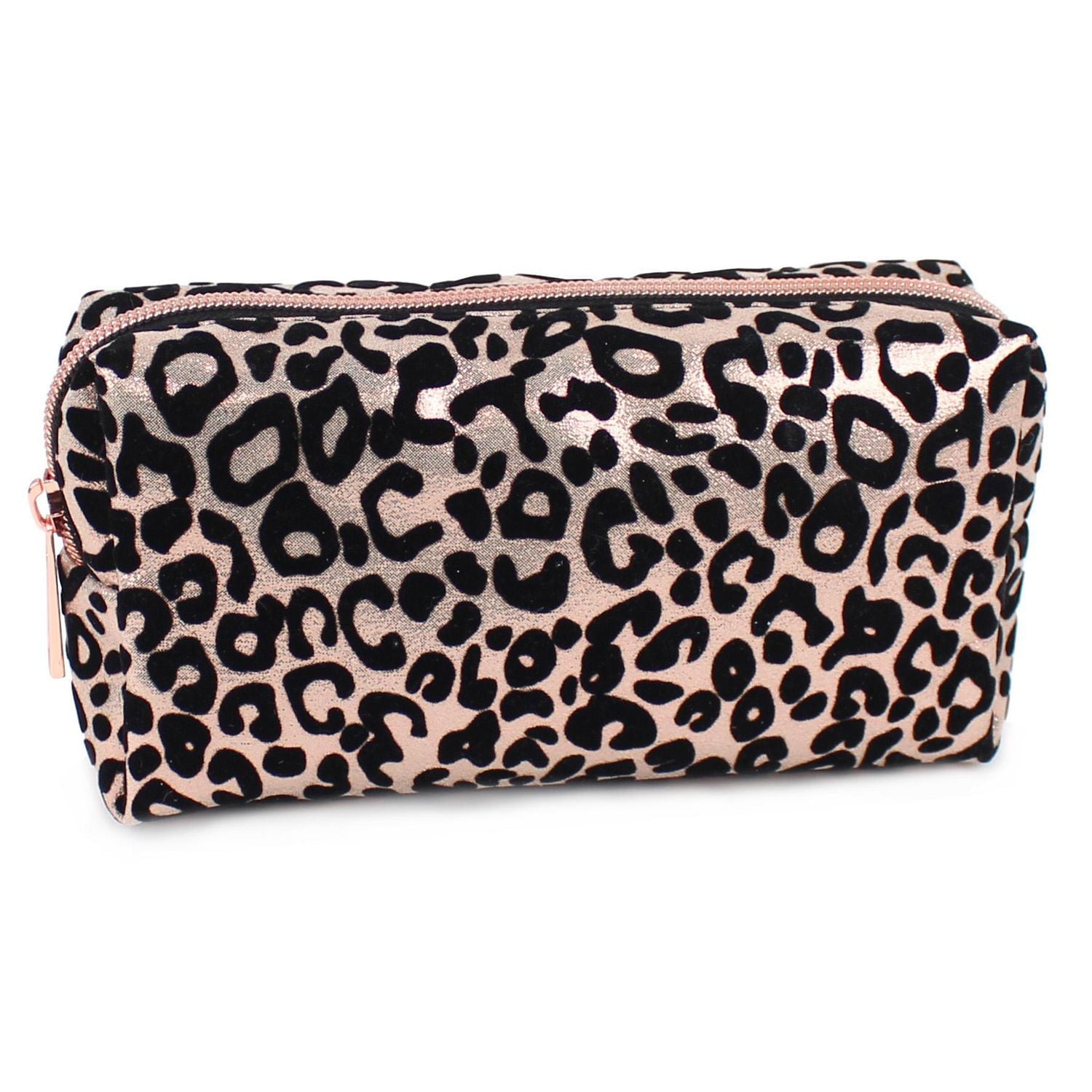 Pen + Gear Flock Leopard Print Pencil Pouch in Black on Metallic Rose Gold
