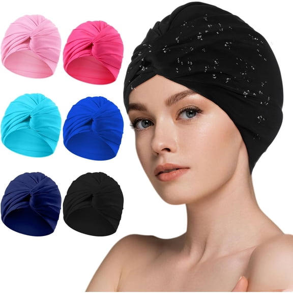 Women Swim Bathing Cap Pre-Tied Knot Swimming Cap Beanie Long Short Hair Non-Slip Elastic Pleated Swim Turban Wrap Soft Swim Cap Non-Waterproof for Swimmers Beginners