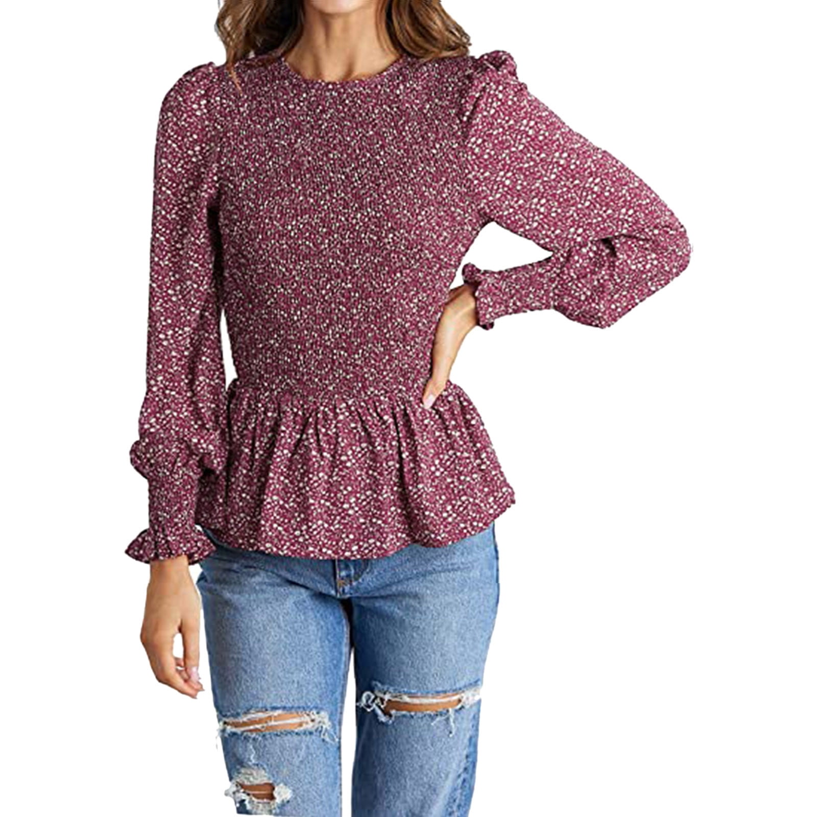 GORGLITTER Women's Denim Peplum Blouse - Bow Tie Front, Ruffle Hem, Lantern Sleeves, Long Sleeve Shirt