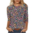 thumbnail image 3 of Craaazy Womens Trendy Tops Plus Size Loose Fit Solid Color Crew Neck Casual Style 3/4 Sleeve Floral Gradient Print T-shirt for Spring, Summer, Daily Outings, 3 of 5