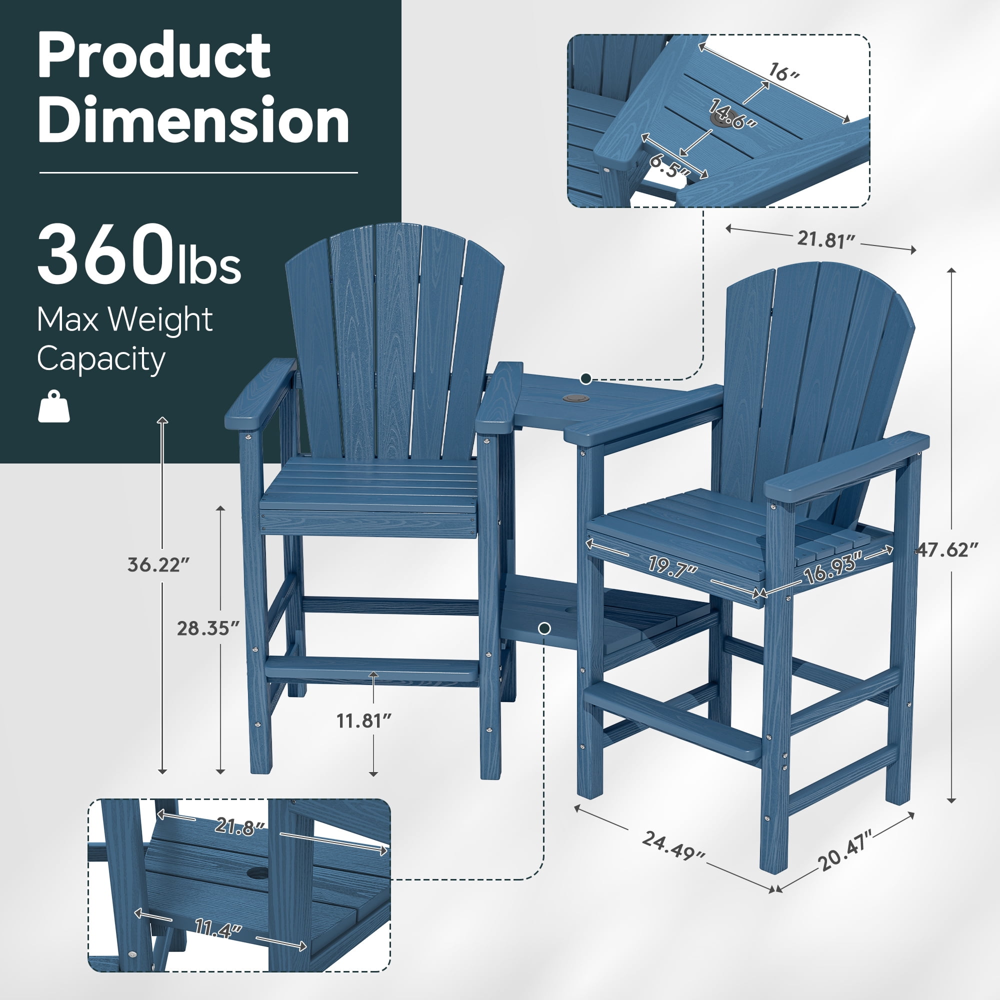SERWALL Tall Adirondack Chairs Set of 4 with Double Layer Connecting Tray, HDPE Bar Height Outdoor Chairs, for Patio, Balcony, Porch, Pool, Navy