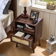 thumbnail image 6 of LELELINKY Mid Century Nightstand with Rattan Accents, Bedside Table with Drawer and Open Shelf, Solid Wood Legs, Walnut, 6 of 7