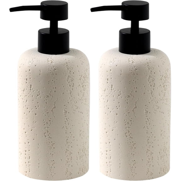 2 PCS Hand Soap Dispenser Set, 13.53 OZ, Cream, Faux Travertine | Luxurious,Dish Soap,Lotion,Shampoo and Conditioner Dispenser,Refillable,Rustproof Pump,For Bathroom Countertop Kitchen