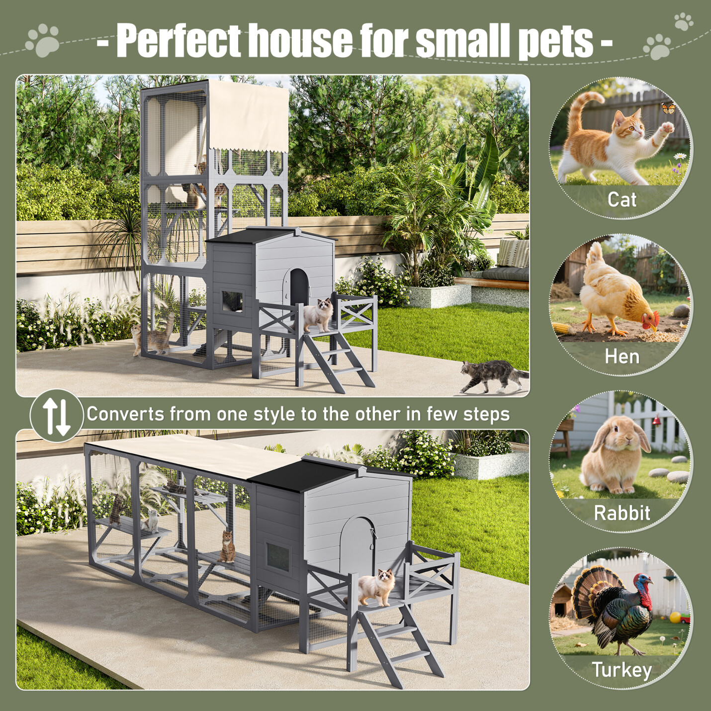Outdoor Cat Enclosure with Play Platforms and Swing, Large Wooden Catio for Multiple Cats, Removable Waterproof Cover, UV Resistant, 2-Section Design, Gray