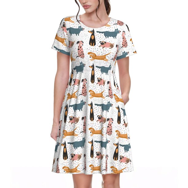 Disketp Dogs Pug para Vestido de Manga Corta para Mujeres, Vestidos de Verano para Mujeres, Casual y Holgado para la Playa