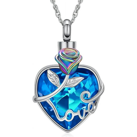 Rose Flower Cremation Jewelry Crystal Heart Urn Necklace for Ashes Heart Shape Memorial Keepsake Pendant for Human Ashes for Women Gift Crystal Urn Pendant