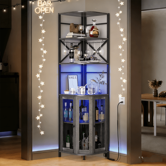 Winkalon Corner Bar Cabinet with Power Outlet, 5-Tiers Industrial Wine Cabinet with LED Strip and Glass Holder for dining room, living room, kitchen, Grey