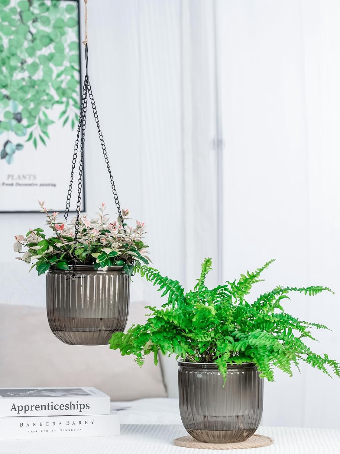 2 Pack Self Watering Hanging Planters Indoor Flower Pots, 6.5 Inch Outdoor Hanging Basket, Plant Hanger with Hooks Drainage Holes for Garden Home