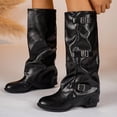 thumbnail image 5 of Women's Mid-Calf Boots Knight Boots Round Toe Belt Buckle Square Heel Slouchy Fashion Boots, 5 of 8