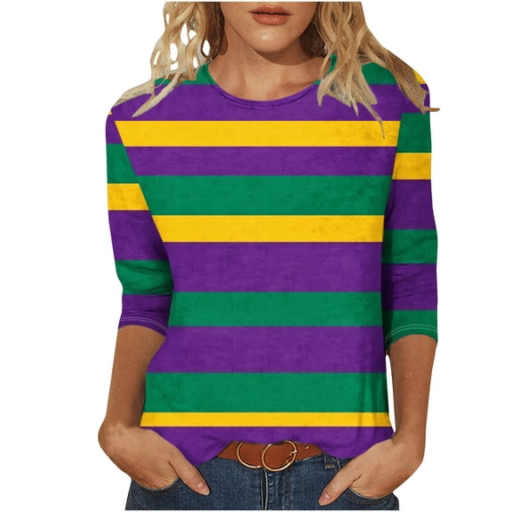 Women's Tops, Tees & Blouses,Mardi Gras Shirts for Women 3/4 Sleeve Sequin Crew Neck Mardi Gras Outfits Summer Graphic Holiday Carnival Shirt