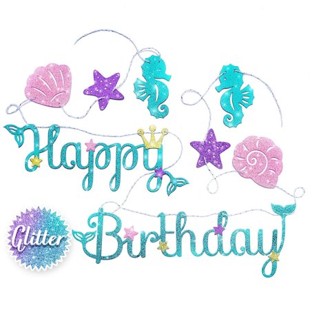 Mermaid Happy Birthday Banner – Mermaid Party Supplies Decorations | PREMIUM Under the Sea Mermaid Birthday Party Decor Theme | NEW for 2019, Cute, Sparkle Glitter, and Pre-assembled!