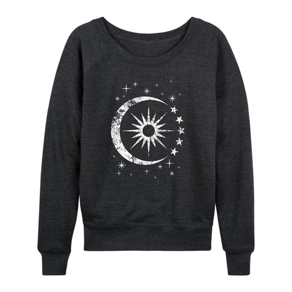 Instant Message - Celestial Sun Moon Scene Lightweight French Terry Wide Neck Long Sleeve Graphic Shirt