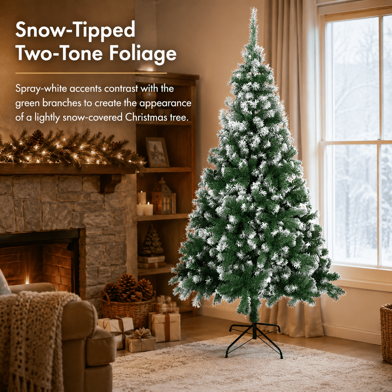Alvantor 7 ft Unlit Artificial Christmas Tree with 870 Snow-Tipped PVC Branch Tips and 3-Screw Metal Stand, Green and White