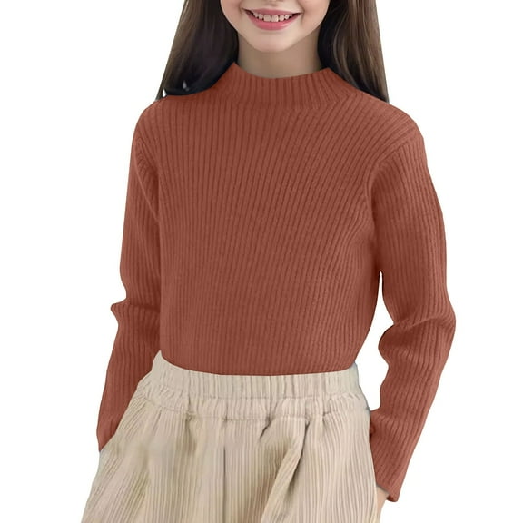 Girls 𝐂ream Sweater Knit Turtleneck Ribbed Oversized Pullover Sweater Kids Plain Slim Fall Winter Warm Clothes